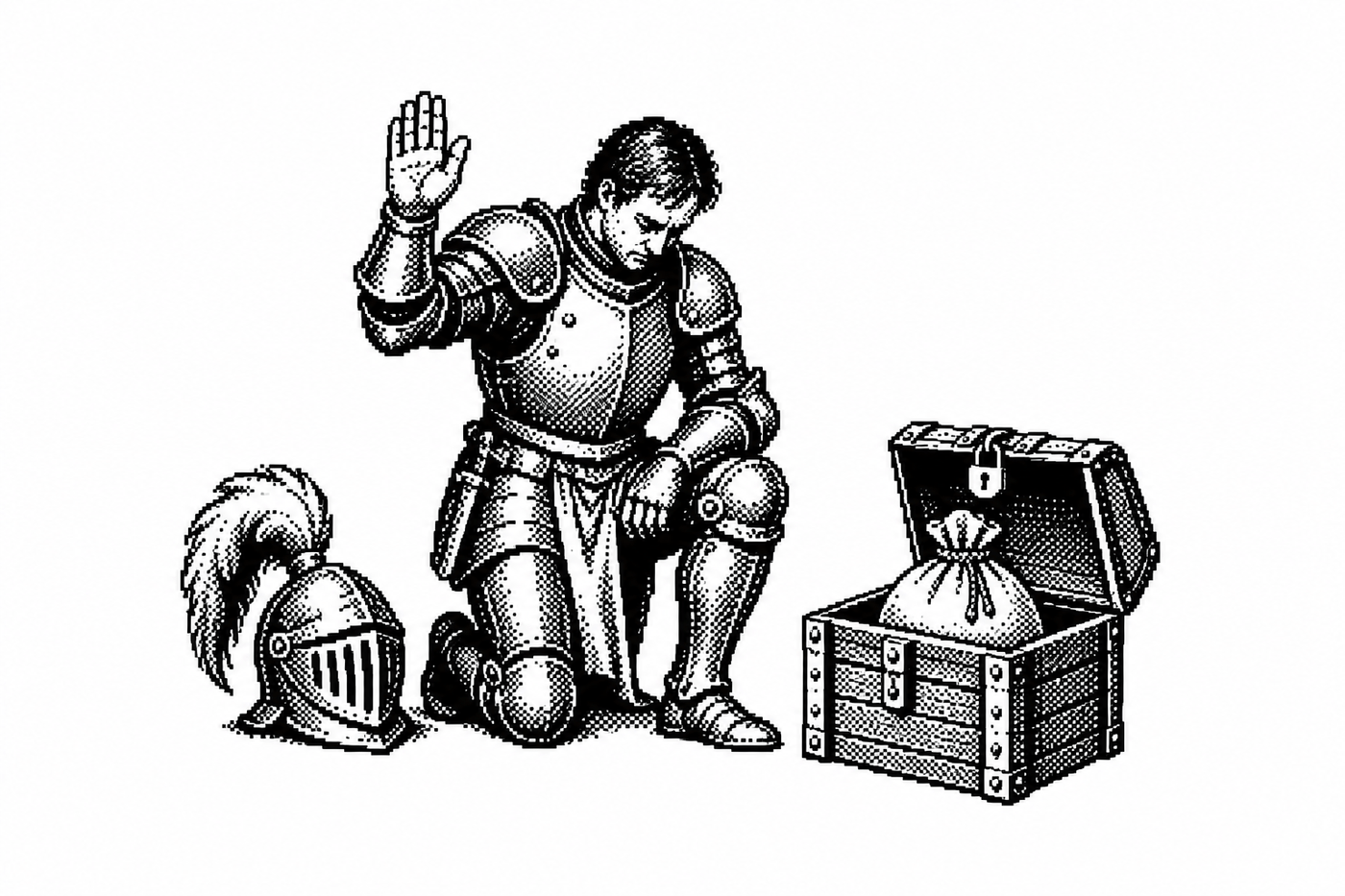 A knight kneeling with his hand raised, an open chest with a money bag in front of him