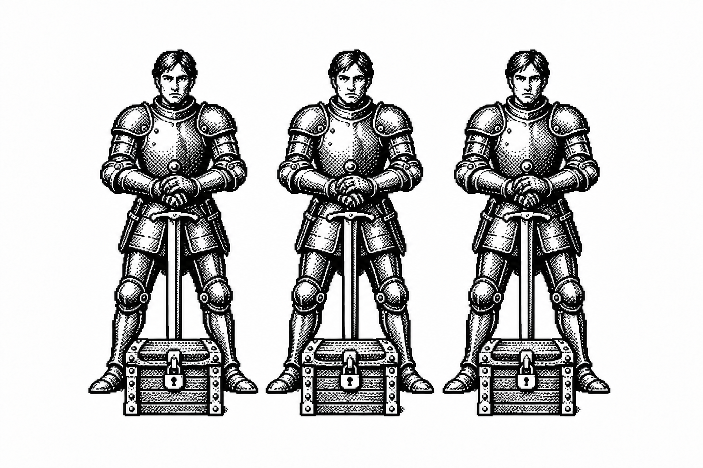 Three knights standing guard over locked chests