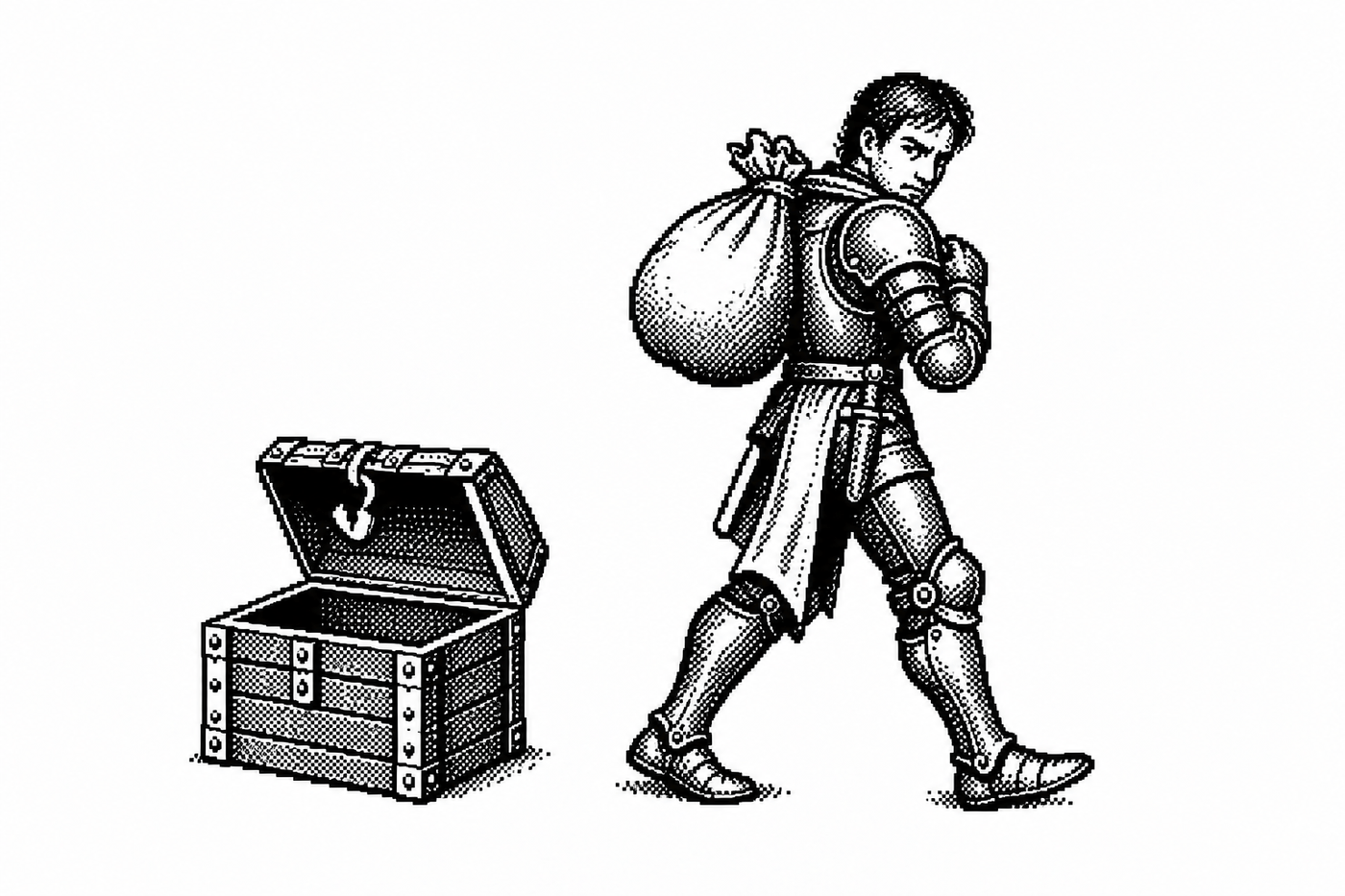 A knight walking away with the money bag over his shoulder, the chest behind him empty