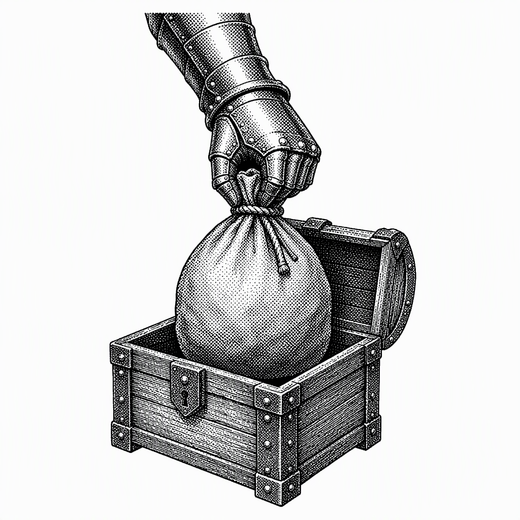 A gauntleted hand lowering a money bag into an open chest
