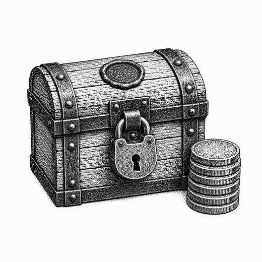 The chest closed and sealed, with a stack of coins beside it