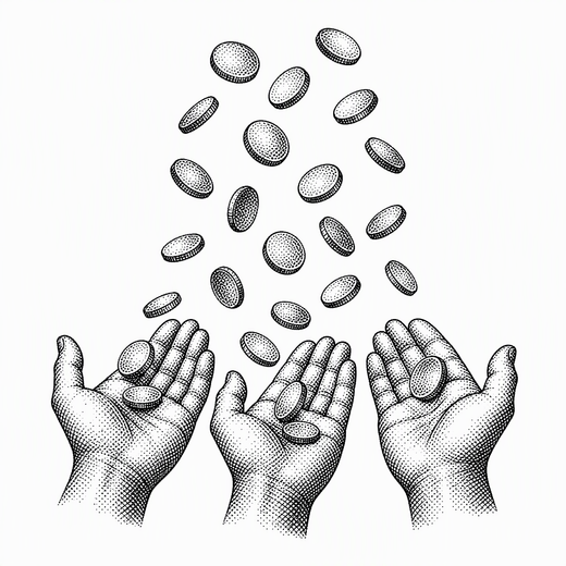 Coins falling into three open hands